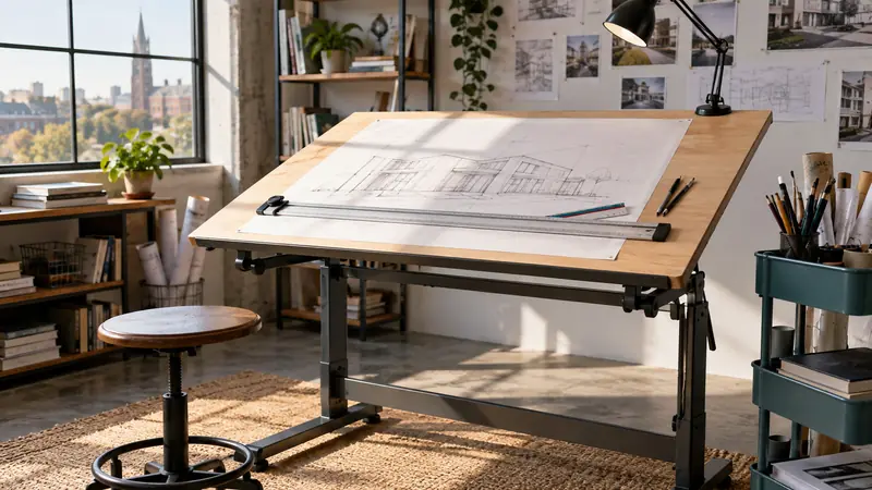 Best Drafting Tables for Architecture Students in a professional drafting workspace with blueprints and drawing tools
