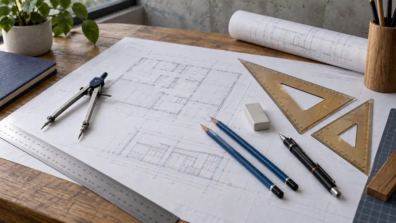 Drafting Tools and Their Uses: A curated drafting toolkit with compass, triangles, ruler, pencils, eraser, and technical pen