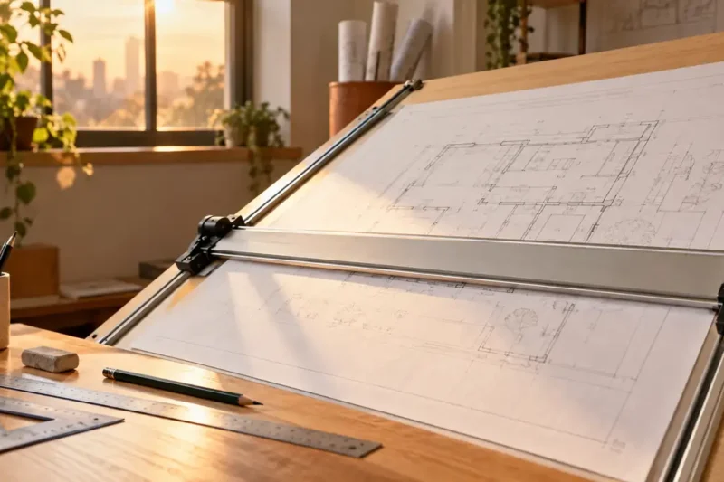How Does a Parallel Bar Drafting Board Work?: A drafting board with a parallel bar aligned across a large sheet of paper