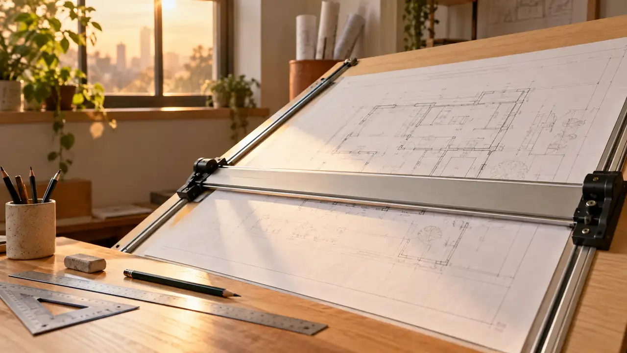 How Does a Parallel Bar Drafting Board Work?: A drafting board with a parallel bar aligned across a large sheet of paper