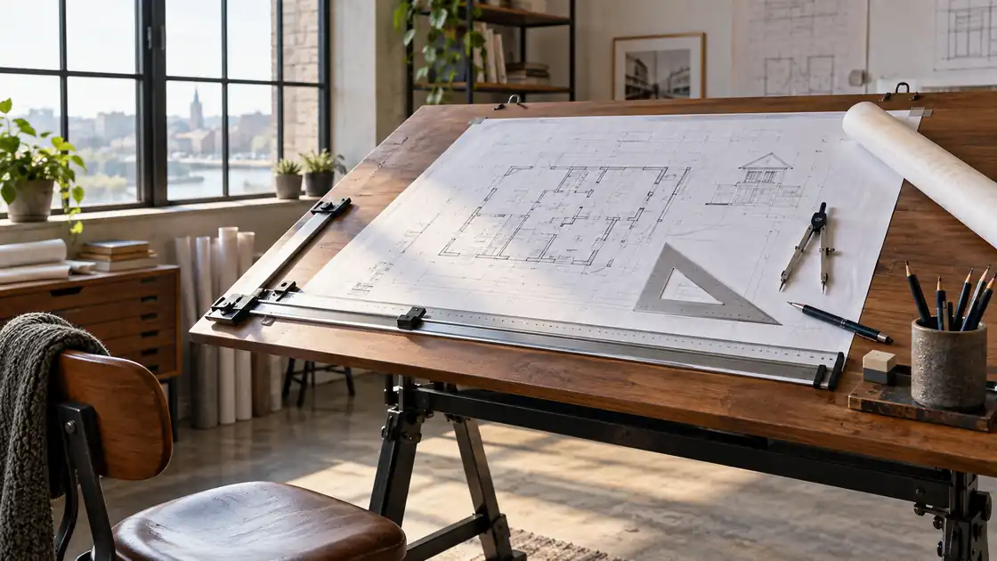 How to Use a Drafting Table: An adjustable drafting table set at a practical angle with paper, ruler, triangle, and compass