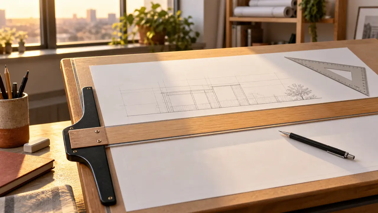 How to Use a T-Square for Drafting: A T-square aligned against a drafting board edge with a clean horizontal line