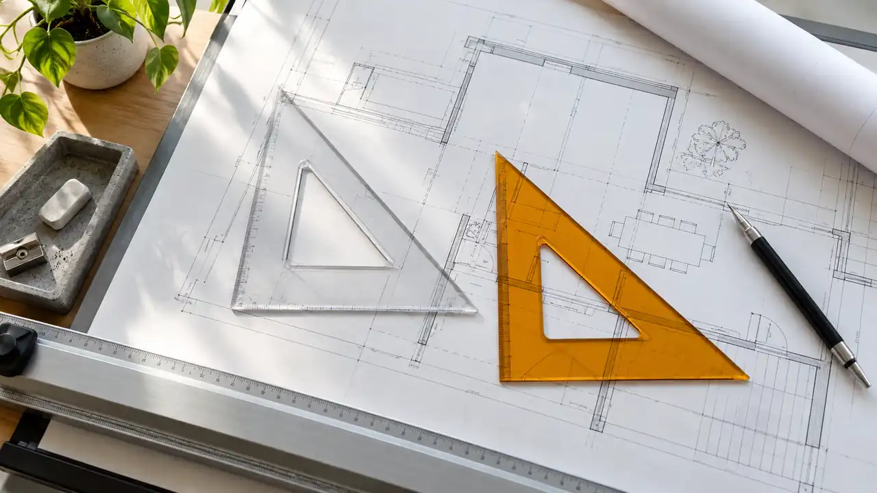How to Use Drafting Triangles: Clear and amber drafting triangles arranged on a ruled drawing board in a drafting studio