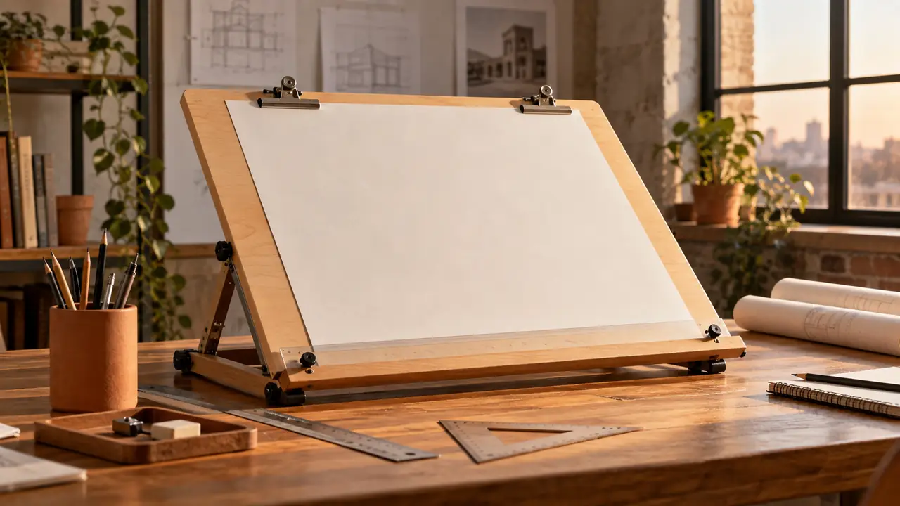 What Is a Drafting Board?: A classic portable drafting board with clips and a clean sheet of paper in a drafting studio